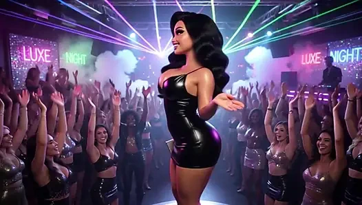 Schöne frau genießt aufregende nacht im lebhaften club, tanzt, küsst männer und wird komplett nackt auf allen vieren