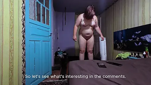 Naked Curvy Brunette on Vibration Platform Reads Comments with English Subtitles