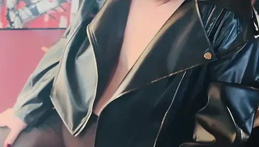 Topless Tina Snua Wearing A Leather Jacket & Pantyhose Smokes A Cork Cigarette -Smoking OMI OME Snap Inhales