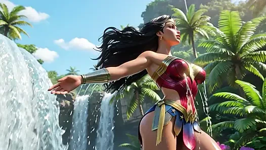 Чудо-женщина расслабляется обнаженной на Острове Themyscira Paradise с Crystal Lagoon и мощным водопадом
