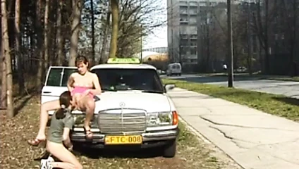 Teen gets cum next to Taxi car