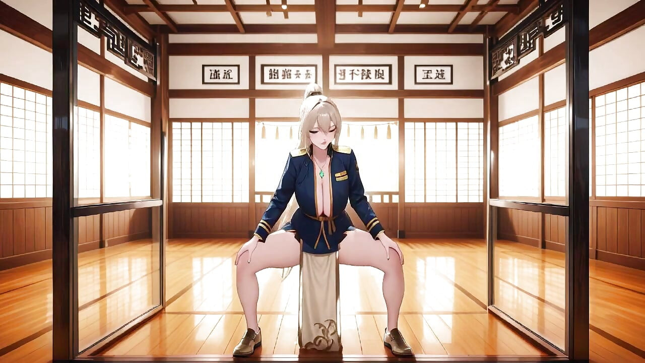 Rubia Samurai en deep blue do-over! Arrodillado en el corredor japonés, mostrando su tierno culo