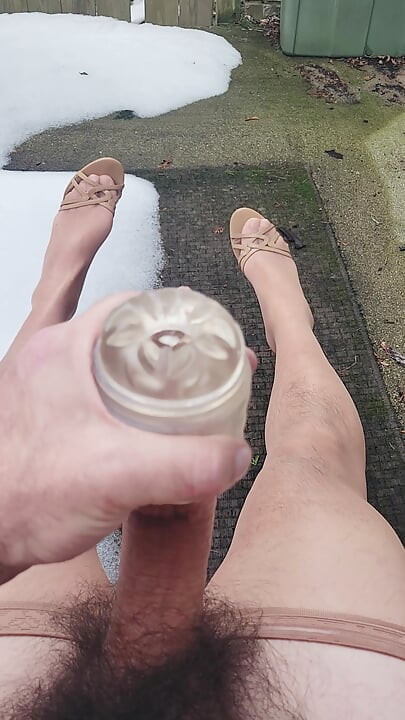 Wearing Nylons and Heels Outside Jacking Off