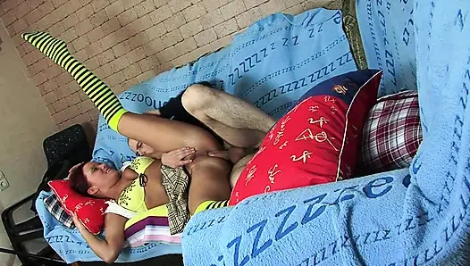 Cheerful Amelia gives a blowjob while doing the splits, then gives her teen ass to be fucked