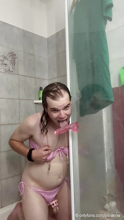 Sissygirl Anna taking a Shower with her Dildo - Amateur Femboy Anal n Blow Porn