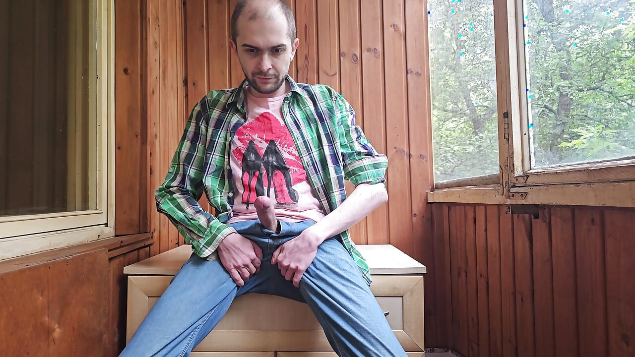 Boy solo masturbation and hot cumming outdoor in a country house amateur Russian