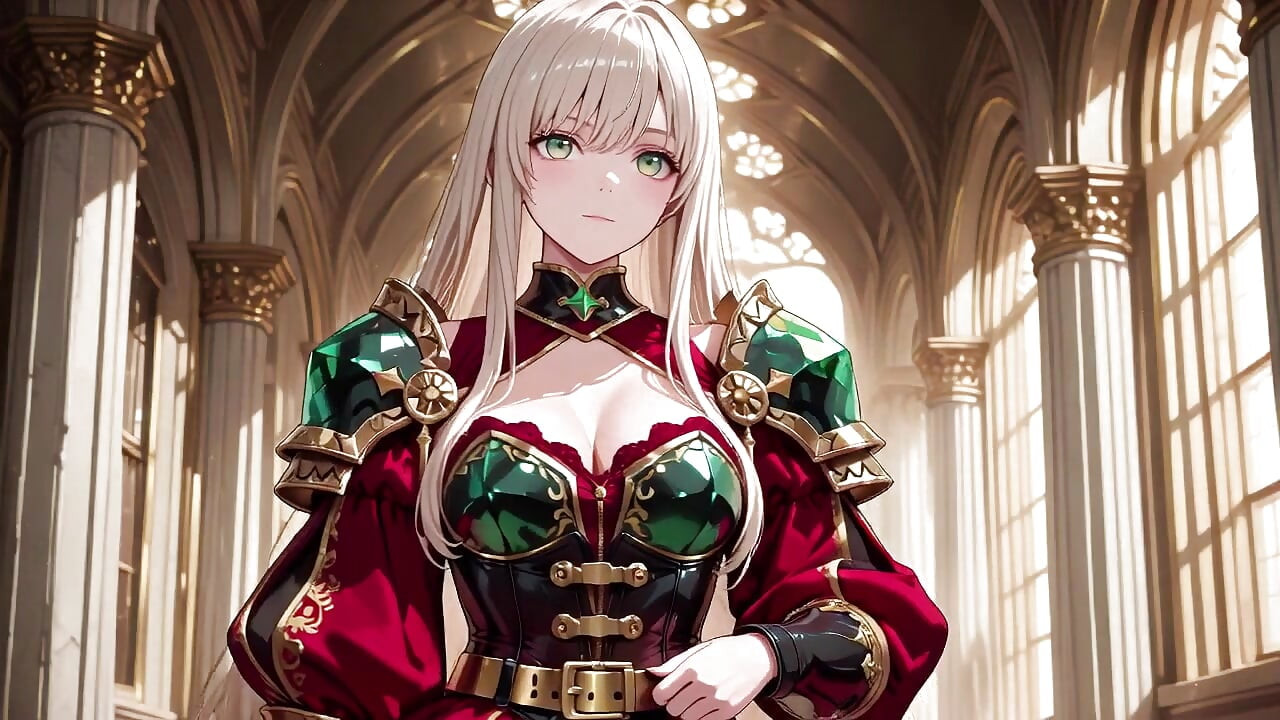 Fantasía prohibida en armadura roja y verde! Rubia Knight se relaja seductoramente mientras su pareja de pelo plateado se arrodilla para servir