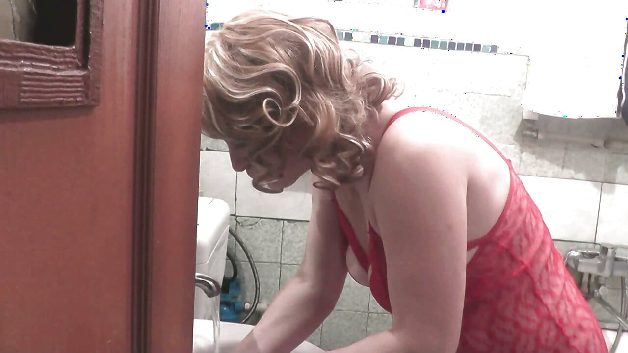 Morning of beautiful sexy natural blonde mature milf. In transparent peignoir without panties. Erotic sexsual lingerie Fetish