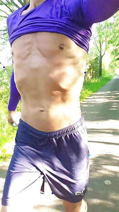 Skinny boy is Jogging in tight Leggings in public. Risky full naked, Only wearing my cockring.