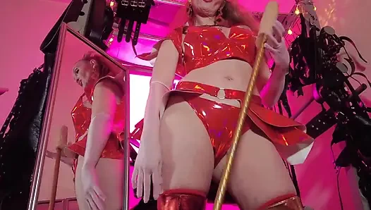 БДСМ госпожа в ПВХ, золотой красный виниловые игрушки, фетиш хуй, сапоги, женское доминирование