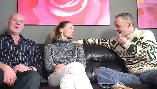 Sexy German babe shares dick with bi guy in a hot threesome