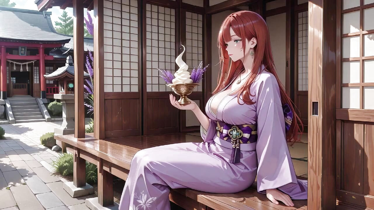 红发和服女神! 跪在神圣的鸟舍门下, 她用害羞的目光调整她浸透的脱背衣服.
