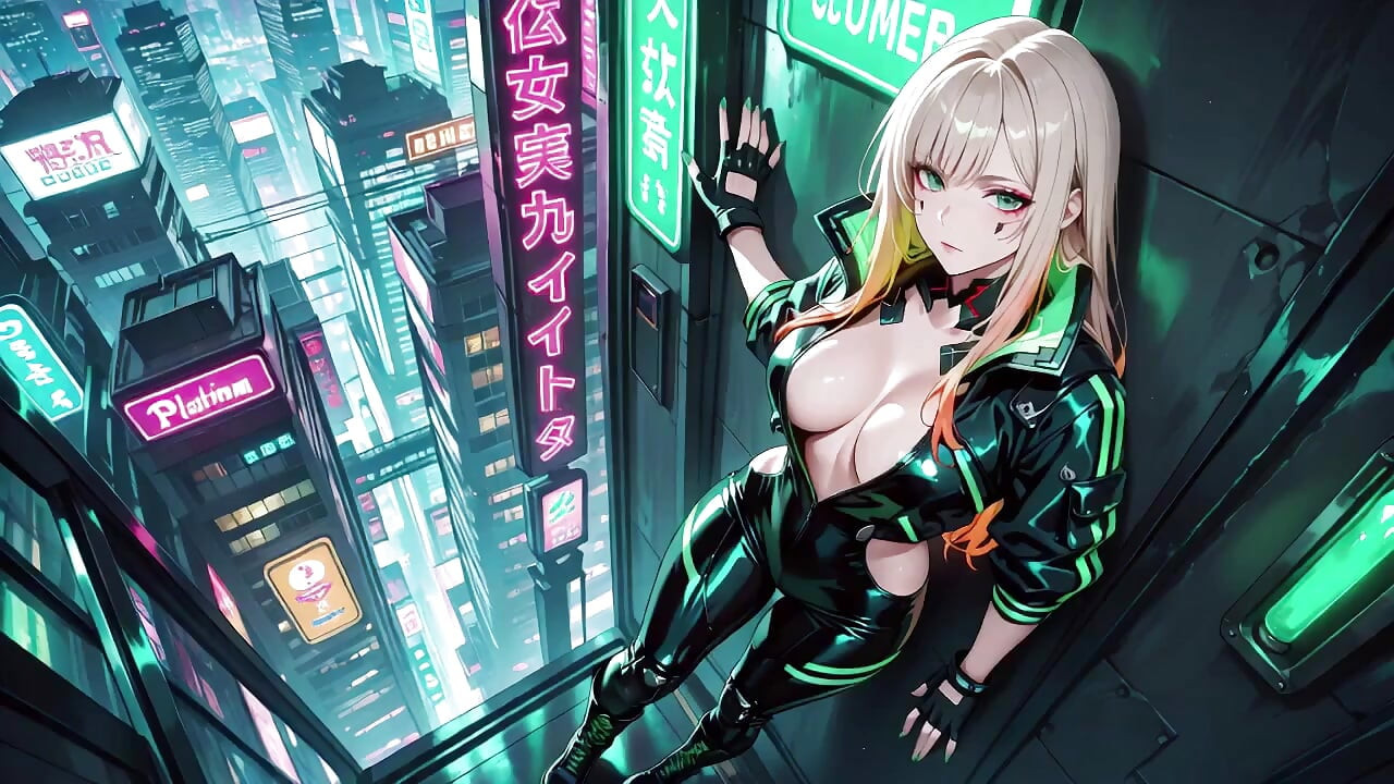 Neon Rain Night! Blonde Agent in Wet Leather Crouching Low, Holographic Glow & Cold Glances.