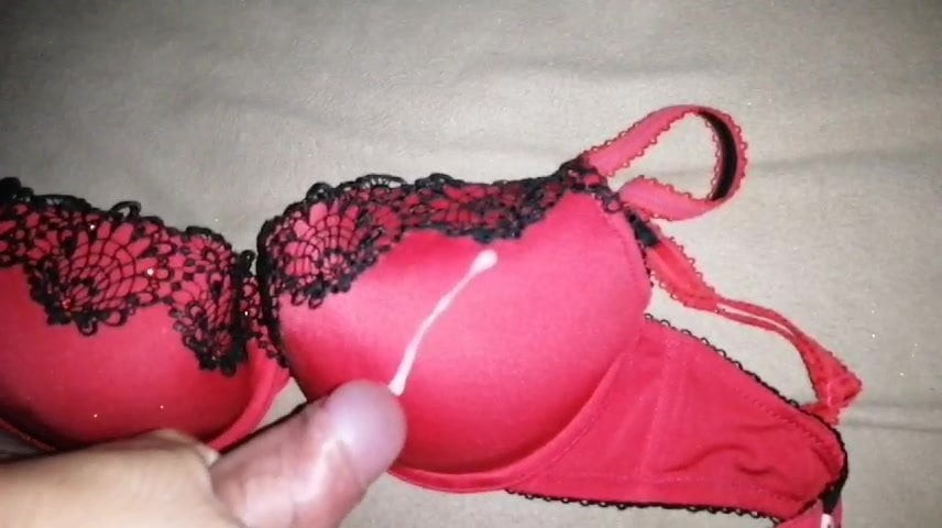 Cum on satin red bra 30DD #2