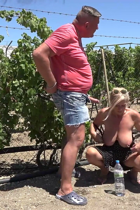 Blonde MILF is draining guy's hard cock outdoors