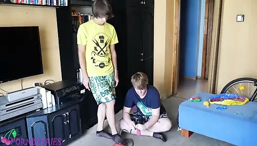 Thin, black socks blowing up balloons + footjob