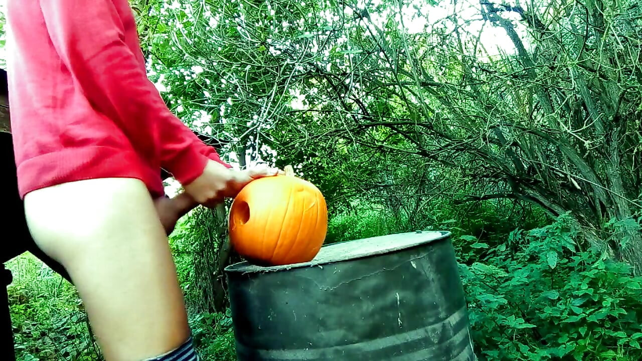 Twink Is Hard Fucking a Pumpkin in the Garden