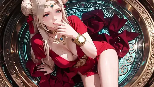 Blonde Goddess in Red! Forbidden Gaze in the Ancient Corridor, Deep V & High Slit teasing you.