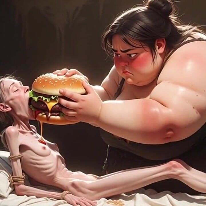 Chica extremadamente flaca alimentada por culona masiva - contraste extremo de alimentacion