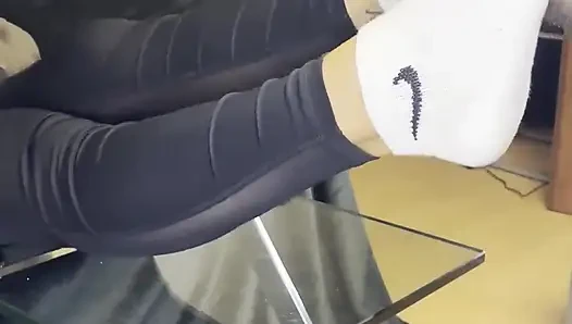 Dirty White Sneaker Worship - Smelly Socks in Face with Valeria Night (front View)