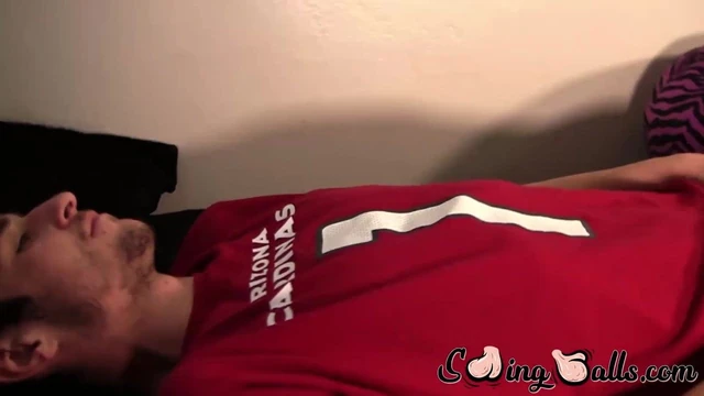 Huge balls on a guy who loves jerking off on the couch