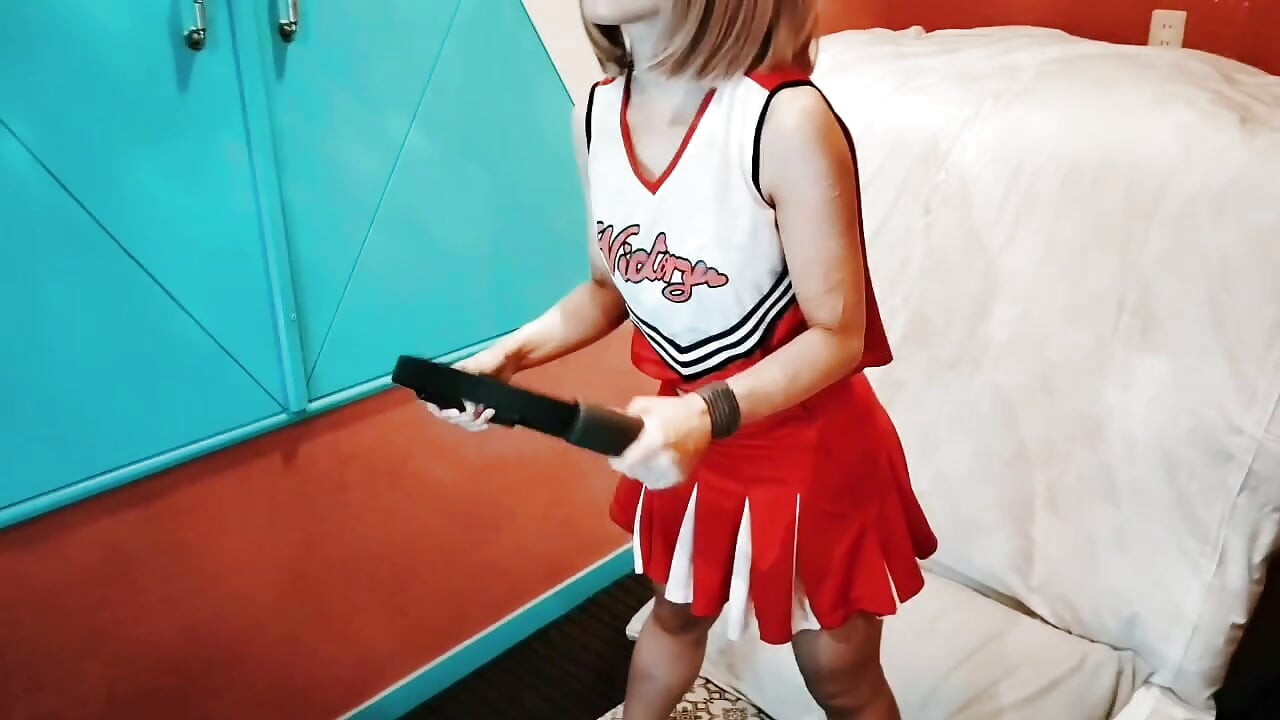 A cute busty married woman exercises 2 in a sexy cheerleader costume. Home made amateur Private Shoot