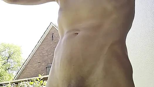 Skinny boy naked pissing und sperm. Piss n sperm flows from big uncut dick outdoor