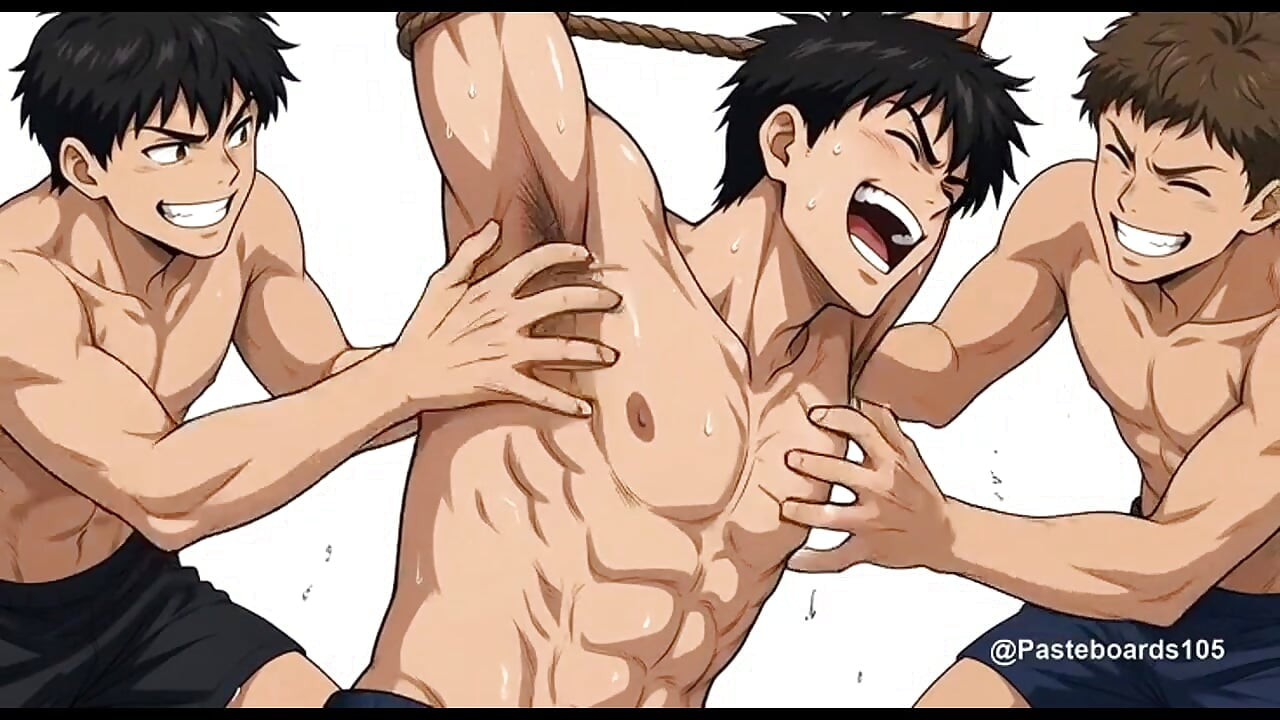Strung Up By The Wrists II - Bare Hands On A Bound Muscle Jock's Armpits And Ribs (2D Anime Bara)