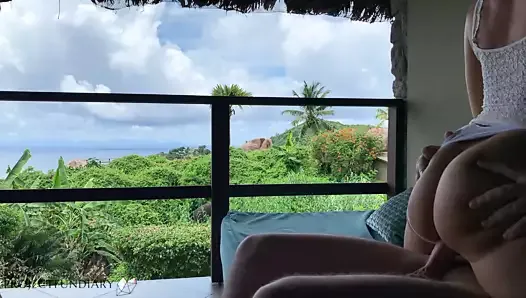 cock bouncing on a public balcony on honeymoon in paradise