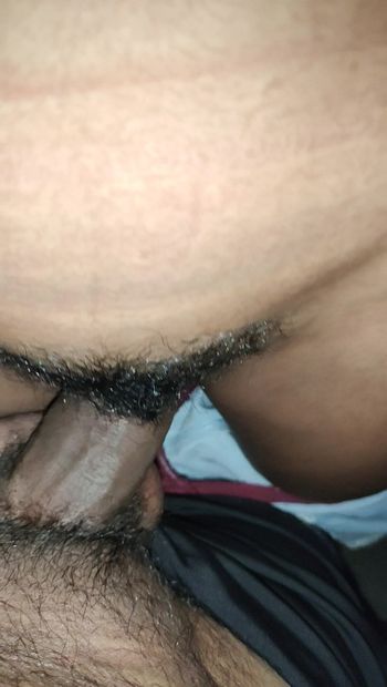 Rubbing penis in her hair pussy