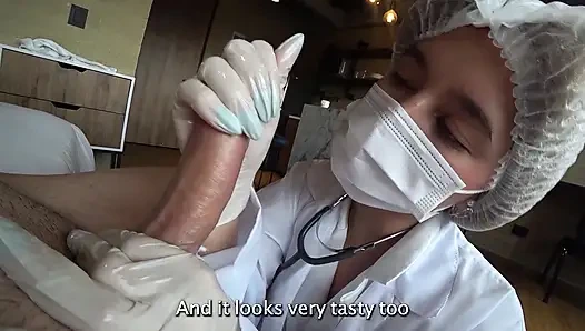 LATINA NURSE milks my CUM sample with Machine and his deepthroat