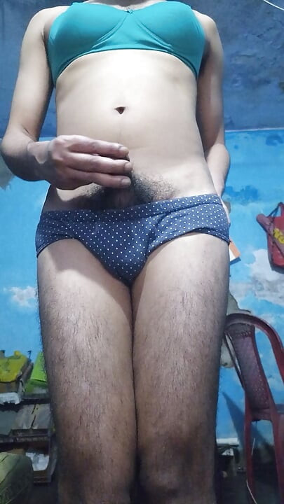 Indian Sissy Femboy Crossdresser with Phimosis Dick Jerking and Stroking While Wearing His Step Sister's Bra and Panties