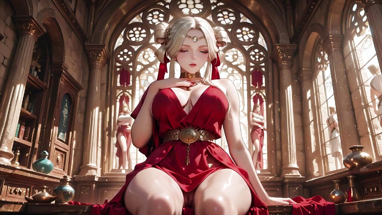 Blonde Goddess in Red! Forbidden Gaze in the Ancient Corridor, Deep V & High Slit teasing you.