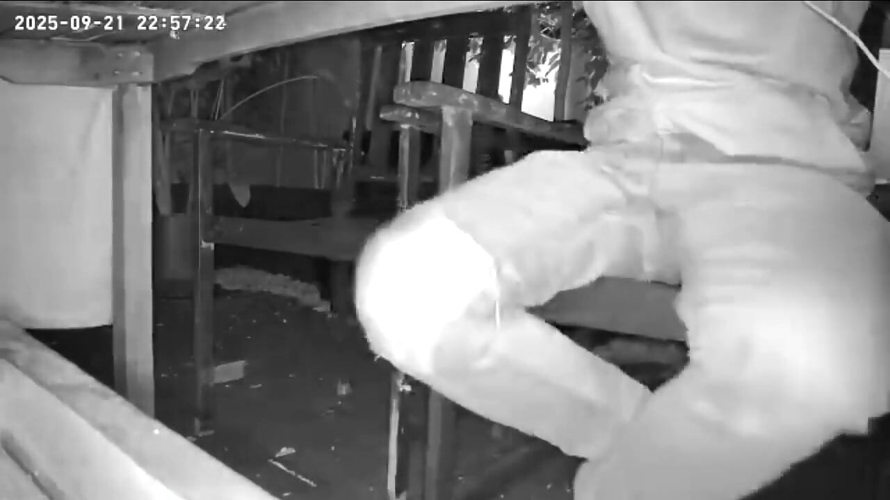 Amateur Boy Caught on Night Vision Cam Peeing Himself Sitting at the Garden Table (he Totally Wets His Pants) )