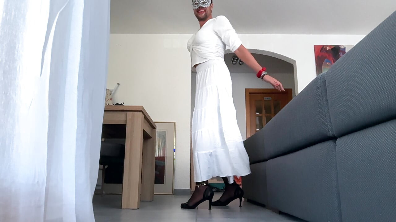 Exposed femboy Xunami in sexy high heels and black nylon