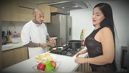 MILF Eager for Cock, Gets Fucked in Front of Her Stepdaughter in the Kitchen