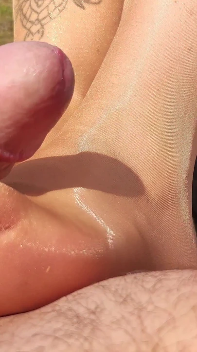 Glossy Nylon Footjob in My Garden