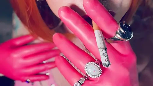 Sweet In Pink! Tina Snua Dressed In Pink Latex Gloves Smoking A Cork Cigarette - Snap Inhales Drifting Smoke OMI OME Dangles
