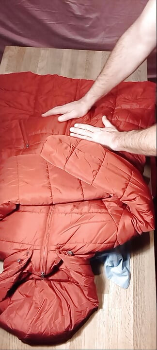 4 cumshots on the sweet lining of a red lady puffer coat