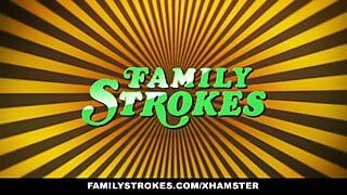 FamilyStrokes - девственная тинка учится сосать член у мачехи