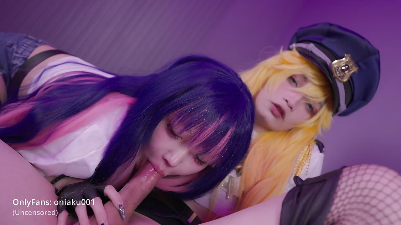 Panty&Stocking-Cute girl Aku and femboy Aroma cosplay Stocking & Panty blowjob & sex