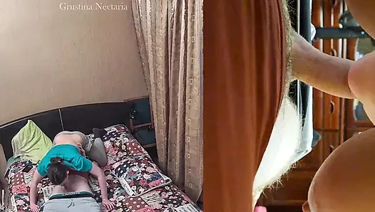Real Russian couple's spontaneous bedroom blowjob, filmed on two cameras