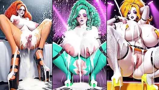 Bunte anime bombschell in strümpfen und high heels bekommt sperma von allen seiten und macht schmutzigen creampie