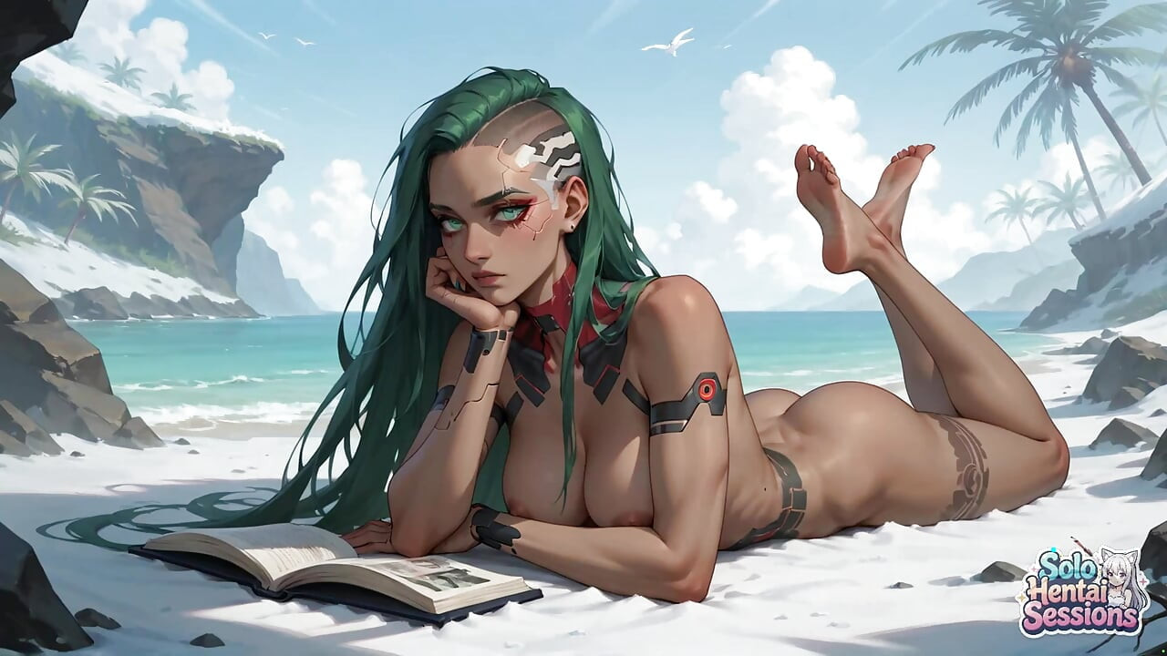 Nena cybernetic de pelo verde bebe café en la playa