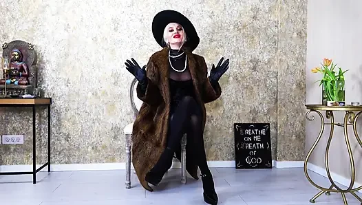 Femme fatale wearing fur coat and leather gloves