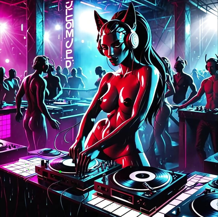 Σέξι Demoness DJ Δυστοπικό Cyberpunk Club Synthwave House Techno AI