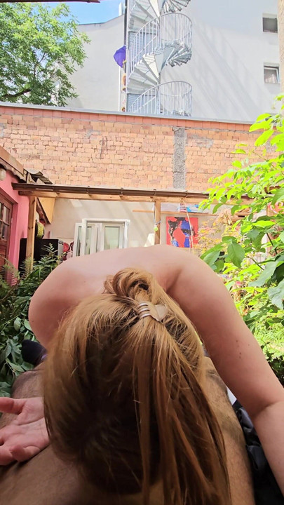 Blowjob in backyard, Open residential area.