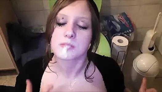 Chubby, clothed German girl gets pissed on and blows