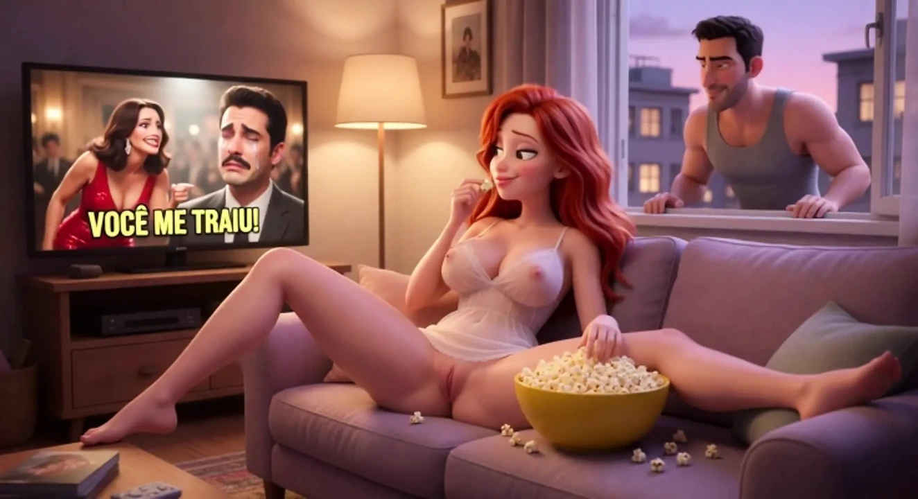 Voluptuous Redhead's Open Window Tease Leads to Passionate Sofa Encounter with Neighbor (AI generated)