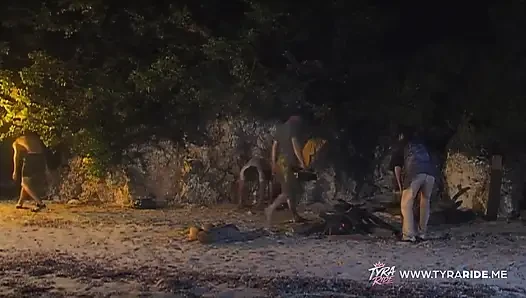 Blonde in Car During Nude Beach Film Shoot with Crew